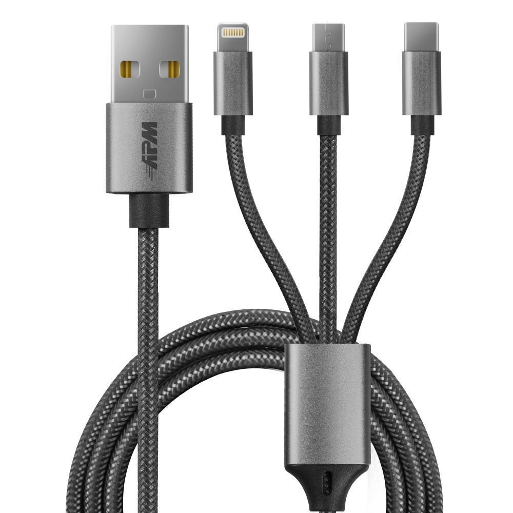 CÂBLE USB 3 EN 1 MICRO, USB-C, LIGHTNING, GRIS, 1M