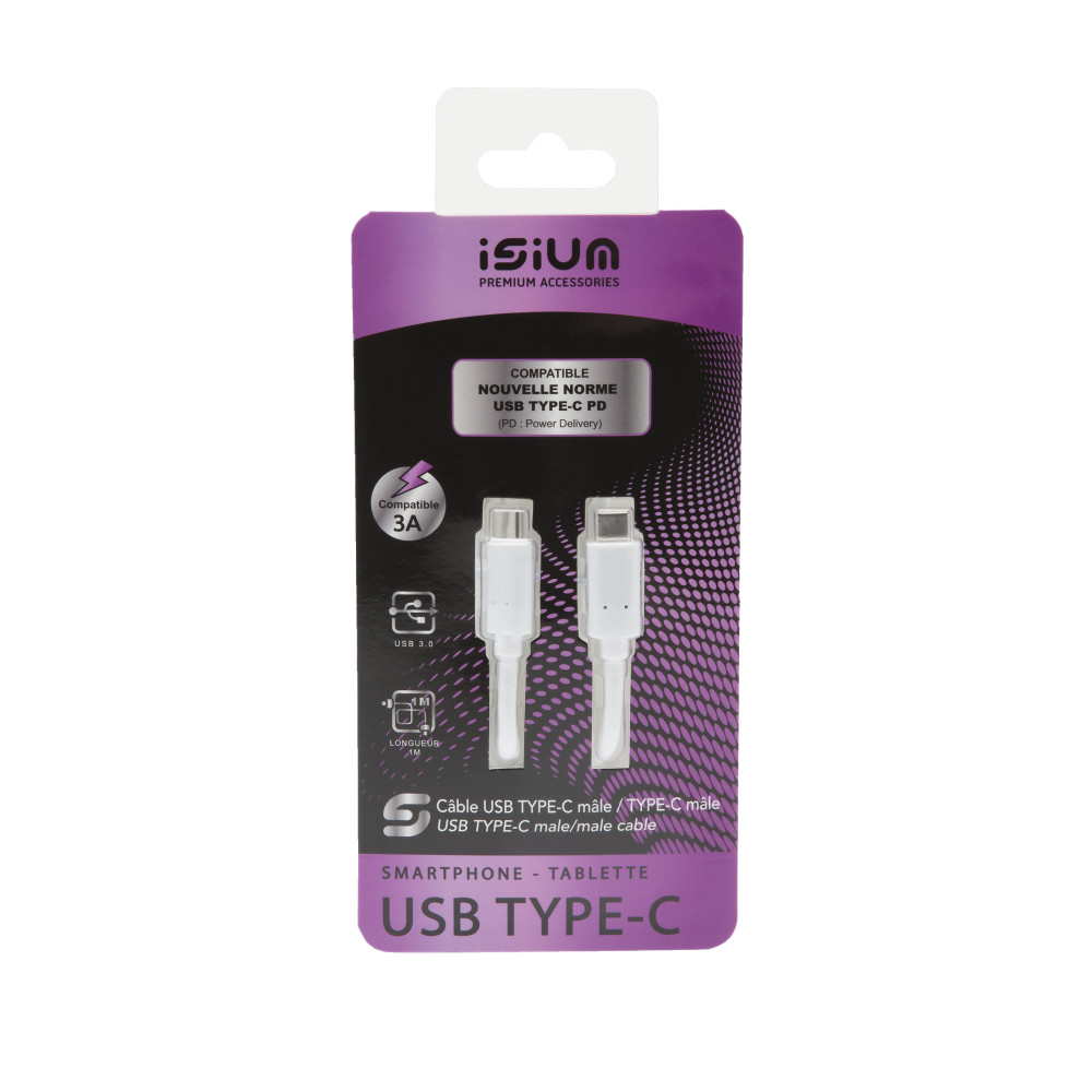 CABLE USB TYPE C / TYPE C BLANC 1M COMPATIBLE PD 3A